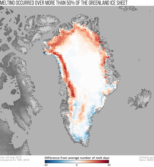 Map shows the number of melt days in June, July, and August 2015 compared to the 1981–2010 average