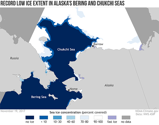Carte du détroit de Béring et de la mer des Tchouktches montrant le pourcentage de couverture de glace