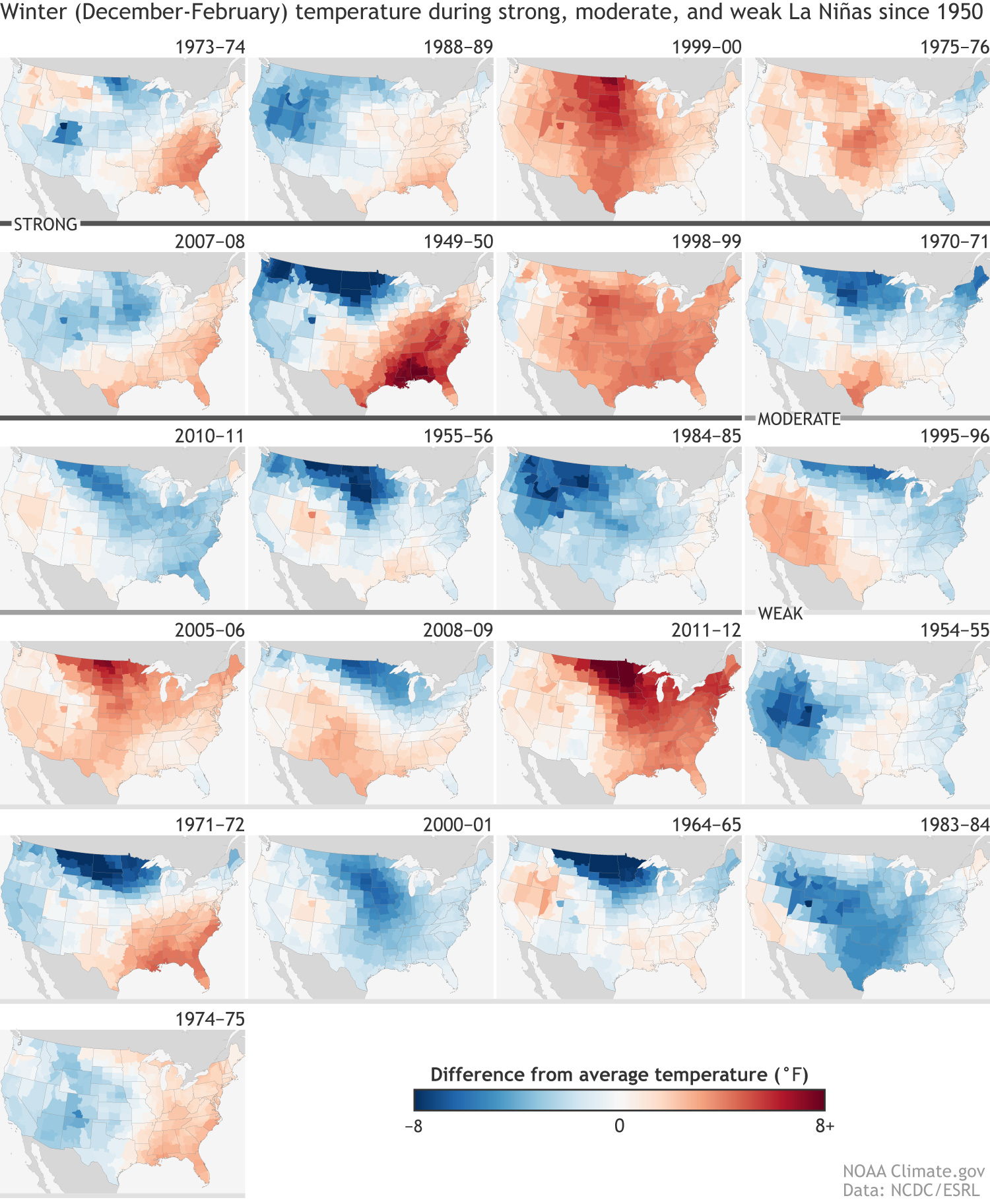 Temperature patterns during every La Niña winter since 1950 | NOAA  Climate.gov