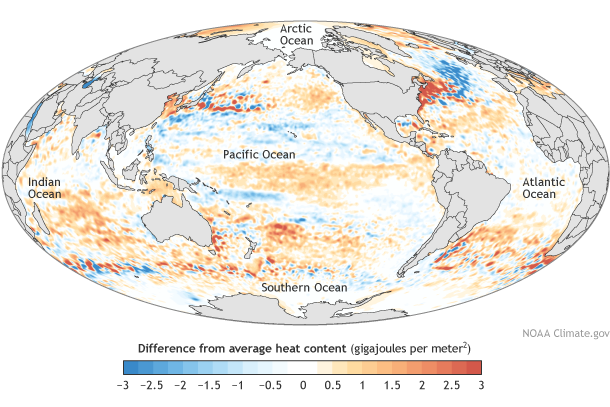 Map shows heat energy in the top upper ocean in 2014 compared to the average from 1993-2014. 