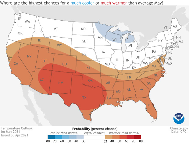 May 21 Outlook Warmth Favored For Southern Half Of Contiguous U S Wetter Conditions For The East Noaa Climate Gov