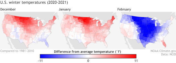 US maps of temperature anomalies in Dec 2020, Jan 2021, and Feb 2021