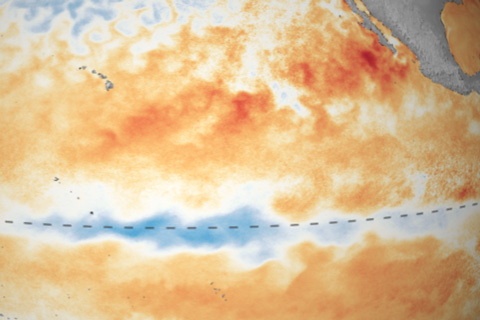 Strip of cool water lingering in tropical Pacific in July 2016