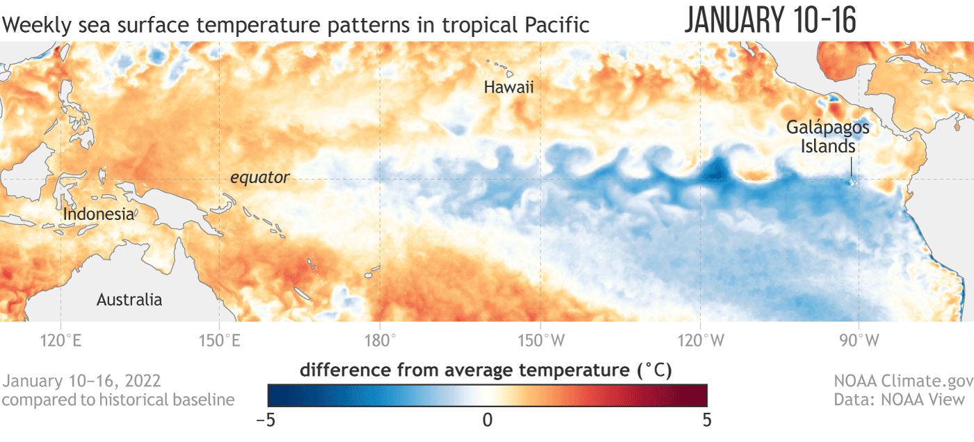 Map of weekly water temperatures in the tropical Pacific from mid-January through February showing persistence of cold conditions