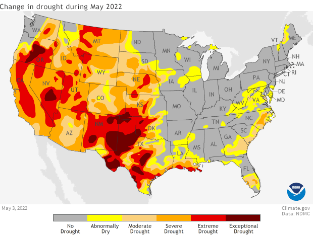 Animation of U.S. drought maps for May 3 and May 31, 2022