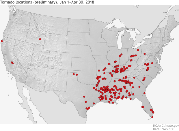CONUS map showing locations of preliminary tornado reports from January 1 - April 30, 2018