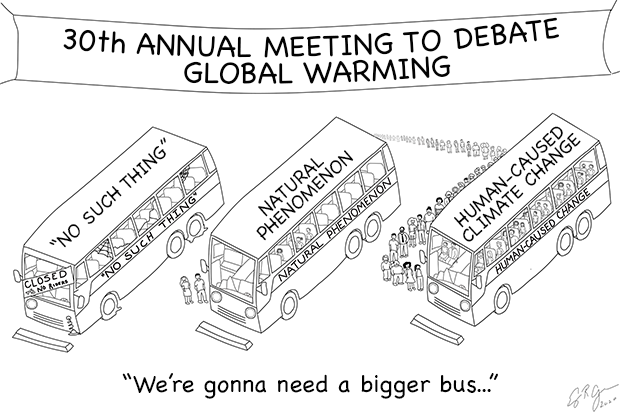 Cartoon showing people lined up for different buses bearing signs that indicate most scientists are baording the bus called "human-caused change"
