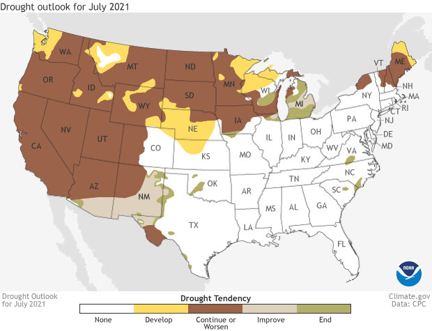 US map of drought forecast for July 2021