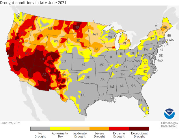 US map of drought conditions as of June 29, 2021