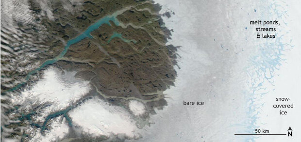 Satellite image of Greenland Ice Sheet showing melt lakes and streams