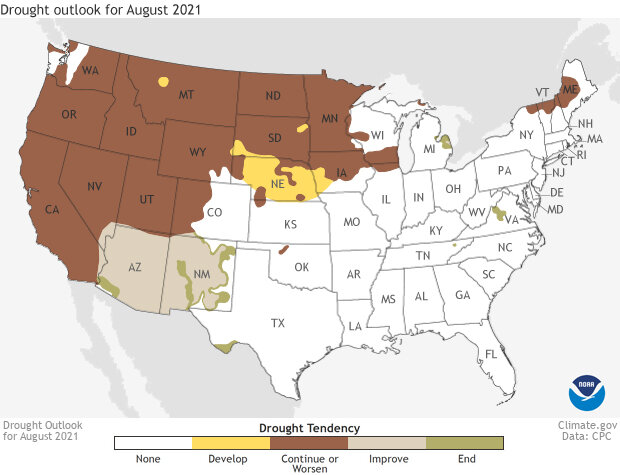 US map of drought outlook for August 2021