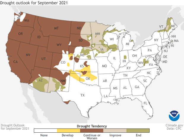 Map of contiguous U.S. showing drought forecast for September 2021
