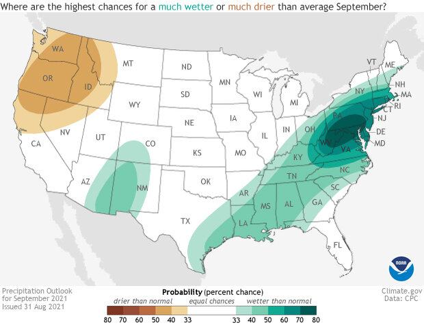 Map of contiguous United States showing precipitation outlook for September 2021