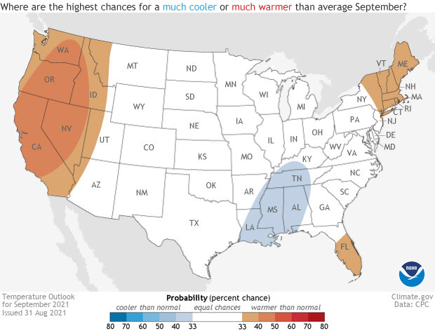 Map of contiguous United States showing the temperature outlook for September 2021