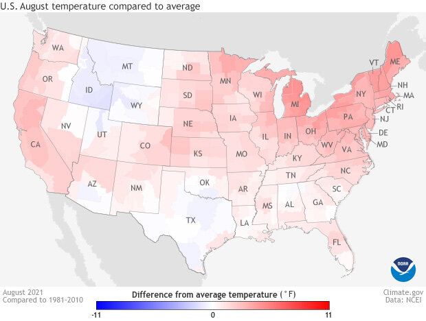 Map of US temperature anomaly in August 2021