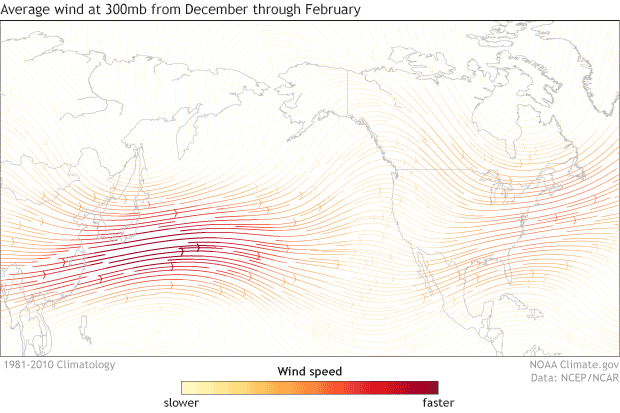 animated gif of Winter jet stream patterns during all winters (1981-2010), EL Niño winters, and La Niña winters