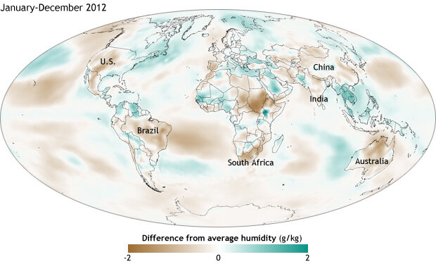 Map of global specific humidity in 2012 compared to the 1981-2010 average.