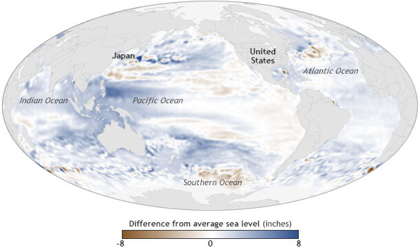 Global map of sea levels in 2013 compared to a long-term average.
