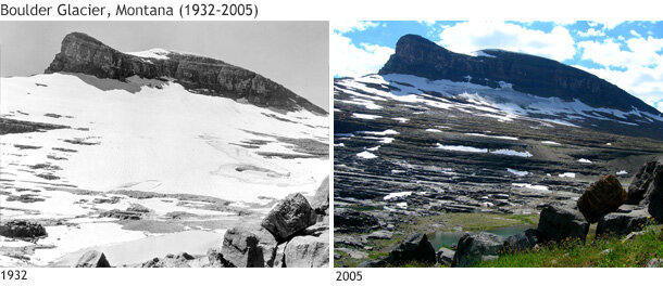 Photo comparison of Glacier National Park's Boulder Glacier in 1932 (left) and 2005 (right).