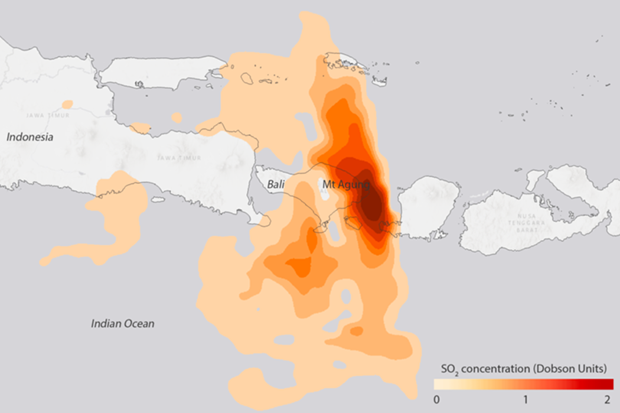 Satellite data map of sulfur dioxide levels at Mt. Agung volcano