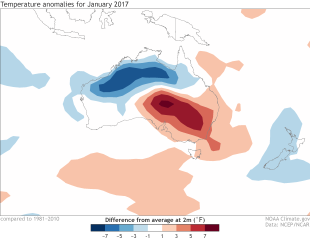 Map of Australia showing difference from normal in 2-m surface temperature for January 2017