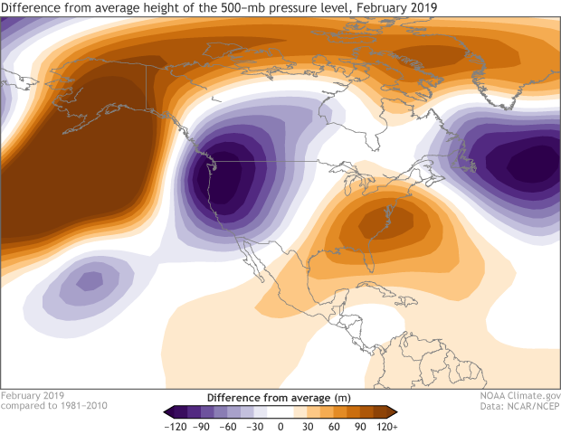 Map of Northern Hemisphere air pressure anomalies in February 2019