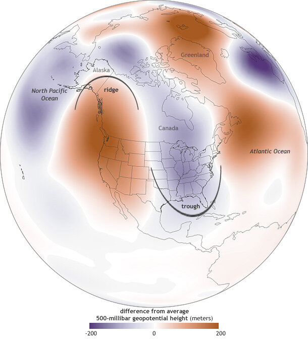 Map showing diifference from average pressure at 500 millibar (mb) pressure level  January 14-21, 2014