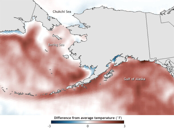 Map of winter 2014-2015 sea surface temperature (December through February) compared to the 1971-2000 average for locations around Alaska