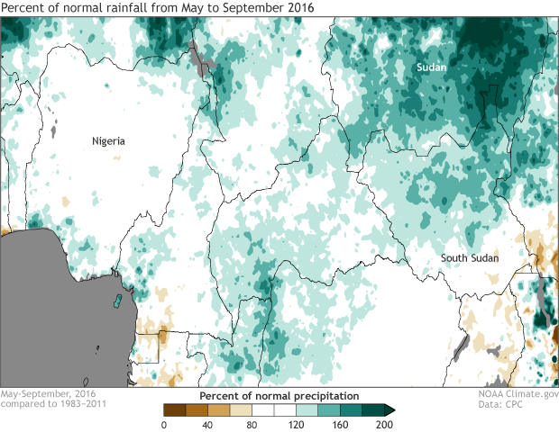 Map showing percent of normal rainfall for parts of West Africa extending east to South Sudan from May-September, 2016
