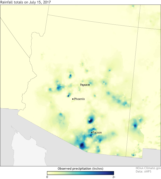 Map of Arizona showing rainfall estimates from NOAA's Advanced Hydrologic Prediction Service for July 15, 2017