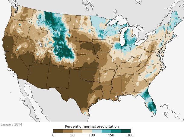 Percent normal precipitation January 2014 CONUS map