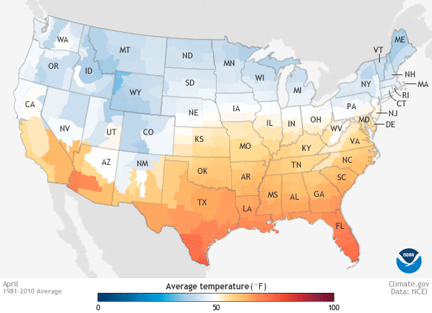 Map of average (1981-2010) April temperatures across the contiguous United States compared to April 2018