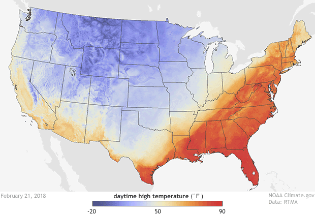 CONUS map showing daytime high temperatures on February 21, 2018 based on NOAA RTMA data