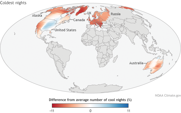 Global map of the frequency of coldest nights in 2014 compared to average.