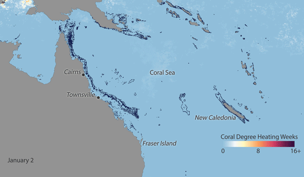 Map showing thermal stress around the Great Barrier reef from January-March 2017