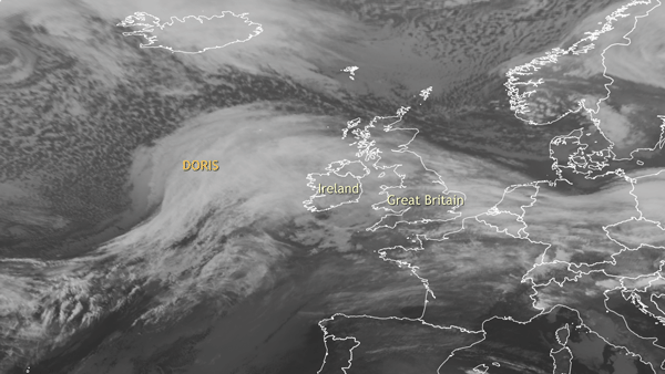 Infrared satellite images of Doris hitting Ireland and the United Kingdom between February 22 and 23, 2017