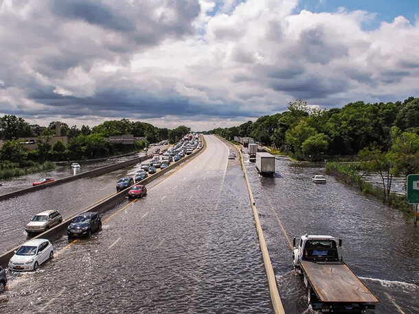 Aerial photo of a flooded stretch of all four lanes of Sunrise Highway on Long Island, New York in mid-August 2014