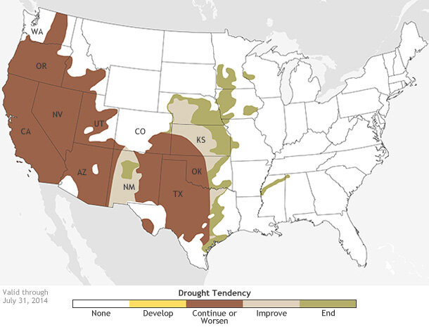 Drought outlook through mid-summer, issued April 17, 2014. Map by NOAA Climate.gov, based on data from NOAA's Climate Prediction Center.