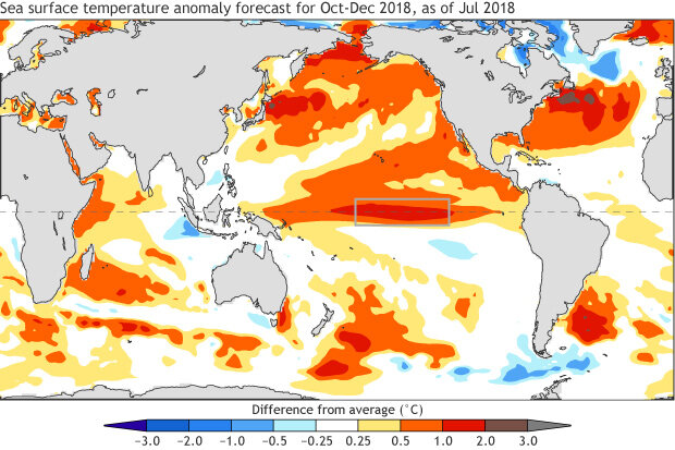Sea surface temperature anomaly forecast for Oct-Dec 2018