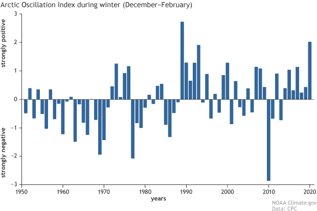 Graph of the Arctic Oscillation Index for the December-February period (northern hemisphere winter) from 1950 through 2020
