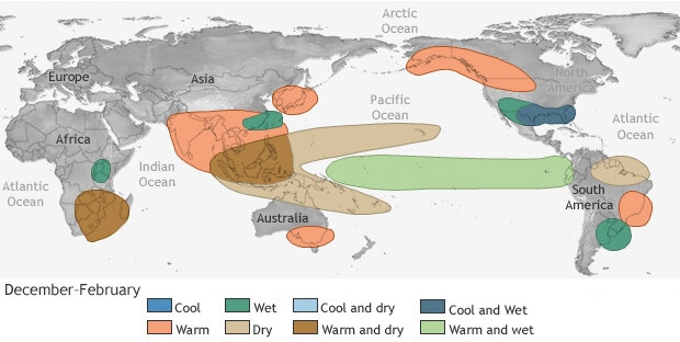Typical rainfall and temperature patterns during El Nino events globally