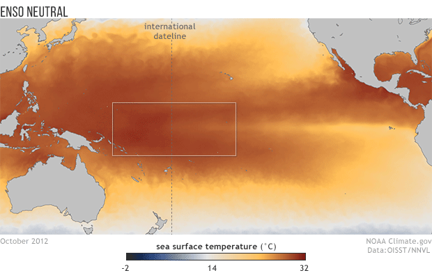 Sea surface temperatures across the tropical Pacific in October 2012 and October 2002