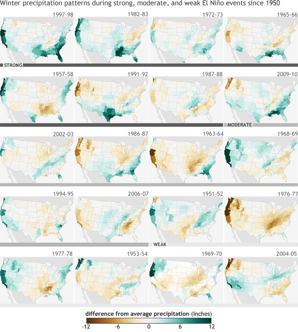 Five rows of small U.S. maps showing precipitation patterns during every El Niño event since 1950