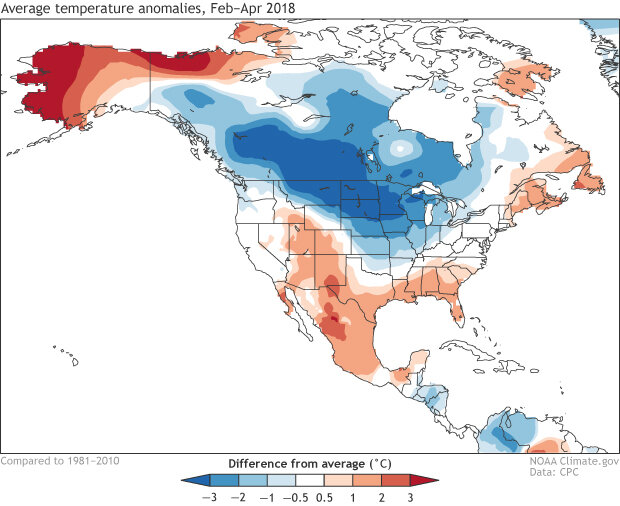 February–April 2018 surface temperature patterns