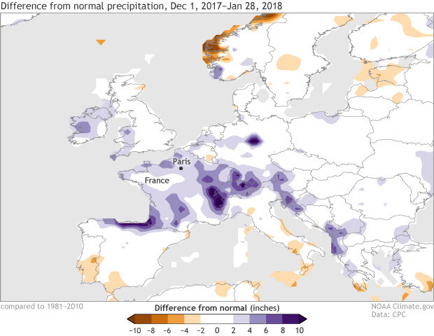 Map showing difference from normal precipitation across Europe during the period December 1, 2017 to January 28, 2018