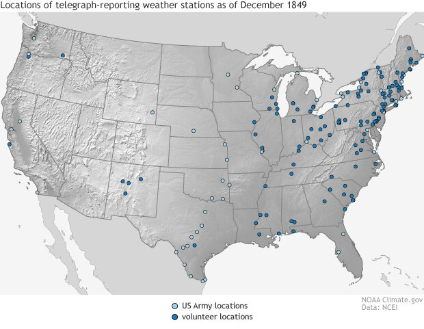Map of telegraph-reporting weather stations across the US as of December 1849