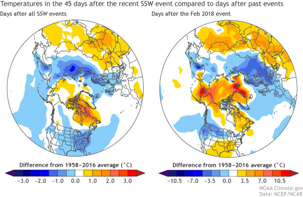 Two globes showing temperature patterns following all known sudden stratospheric warming events compared to the patterns following the Feb 2018 event