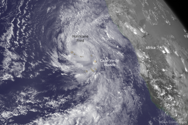 Hurricane Fred over the Cape Verde Islands. Satellite image from GOES East on August 31, 2015