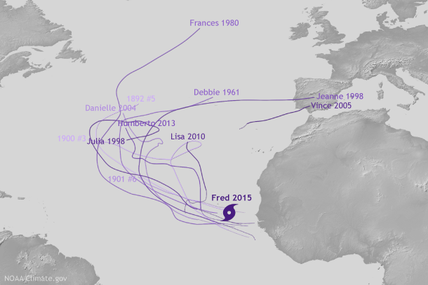 Map of the North Atlantic Ocean showing tracks of all storms (in the historical record) that became a hurricane east of 30°W