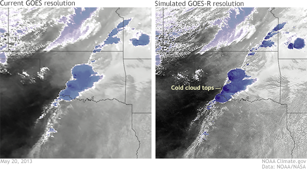 Current GOES infrared band and a simulated image from GOES-R's imager